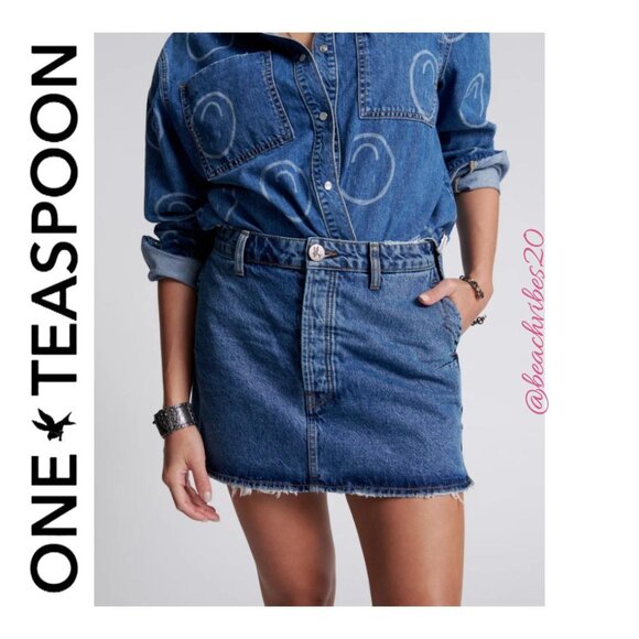 ONE TEASPOON Vanguard Mid Waist Relaxed Mini Denim Skirt Rosewood 30 NWT O-392 - Picture 2 of 14